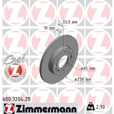 Imagen de ZIMMERMANN COAT Z 600.3204.20 Disco de freno 239 10 5/4 4 100 macizo revestido VOLKSWAGEN: Polo III Hatchback, SEAT: Arosa