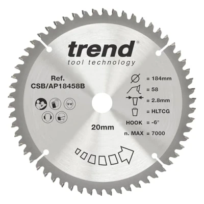 Imagen de Trend CraftPro Hoja de sierra circular TCT para encimera aluminio y plástico, 184 mm diámetro x 58 dientes, 16 interior, punta carburo tungsteno, CSB/AP18458