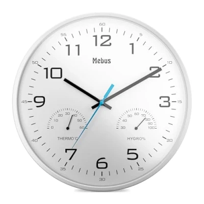 Imagen de Mebus Analoge Quarz Wanduhr mit Thermometer Hygrometer für Temperatur und Luftfeuchtigkeit Reloj de Pared analógico Cuarzo con termómetro e higrómetro, Blanco, 30 cm Durchmesser