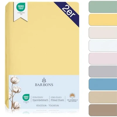 Imagen de Juego de Sábanas Bajeras para Cuna 60x120 / 70x140 Algodón 100% Certificado Oeko Tex Ajustables y Transpirables Ideal el Descanso Natural tu Bebé Amarillo Pack 2 60 x 120 cm 70 140