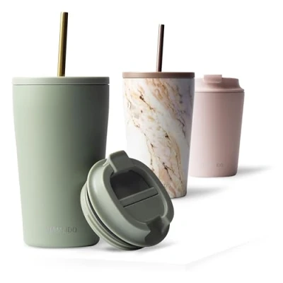 Imagen de MAMEIDO Termo Cafe con Pajita y Tapa 470ml Vaso Termico Antigoteo, Taza Termica acero inox sin BPA, para llevar (Desert Sage, 0,47l)