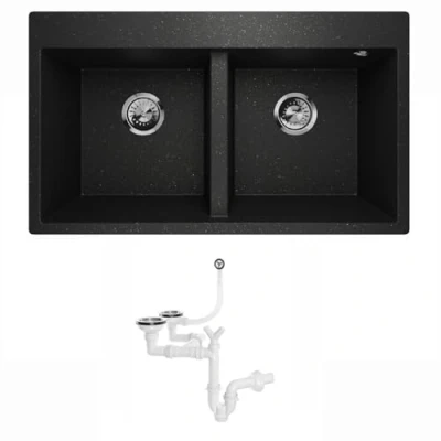 Imagen de Lavello Elle 2.0 Fregadero de granito (doble lavabo, baño), color negro y dorado