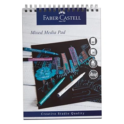 Imagen de Faber Castell Creative Studio Bloc de medios mixtos, A4, papel encuadernado en espiral (negro), 250 g/m², 30 hojas, todos los medios, acrílico, pintura acuarela, lápices, pastel, carbón, grafito,