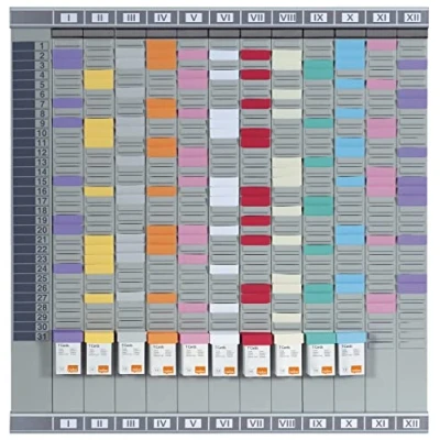Imagen de Nobo Kit Planificador Profesional de Pared para Tarjetas T, 12 Columnas y 32 Ranuras Tamaño 1,5, Incluye Columna Índice, Etiquetas Impresas Portaetiquetas, 2920080
