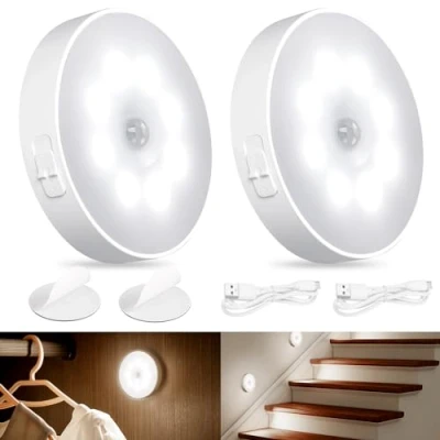 Imagen de AiQInu Luz Nocturna, 2 Piezas Con Sensor De Movimiento, Led 3 Modos (Auto/On/Off), Nocturna USB Recargable, Para Pasillo, Escalera
