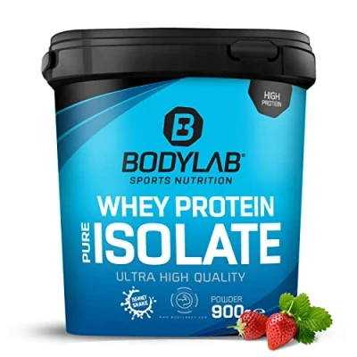 Imagen de Whey Protein Isolate Fresa 900g Bodylab24, proteína en polvo hecha de aislado suero leche, puede apoyar la construcción músculo, sin aspartamo