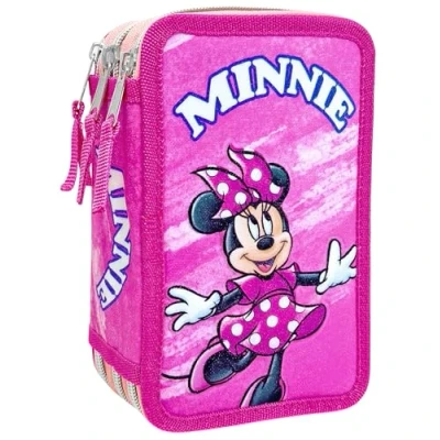 Imagen de Clondo Estuche 3D con 3 compartimentos para niños, triple relleno, 44 accesorios la escuela primaria, cremalleras, 20 cm, raya, ceras, rotuladores, Minnie25, Portalápices