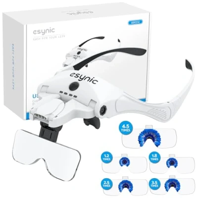 Imagen de eSynic Gafas Lupa con 5 Lentes LED 1.0X 3.5X de Gran Aumento Luz Ajustable,2 Niveles Brillo Lupas Batería Recargable USB para Leer Soldar Reparación Joyería etc