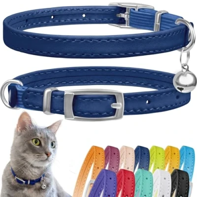 Imagen de CollarDirect Collar de Piel para Gato, Seguridad Gato con Correa elástica, Gatito Campana, Negro, Azul, Rojo, Naranja (Cuello 6 a 7 Pulgadas, Azul Marino)