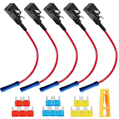Imagen de QitinDasen 5Pcs Premium 12V / 24V Pequeño Portafusibles, Coche Add A Circuit Fusible Tap Adaptador, con Extractor de Fusibles, Ataduras Cables y 15Pcs Mini Fusibles Cuchilla