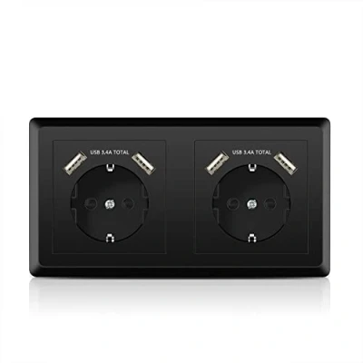 Imagen de Kaifire Enchufe Doble Pared Schuko Tomas de Corriente con USB Negro para Smartphone Tableta
