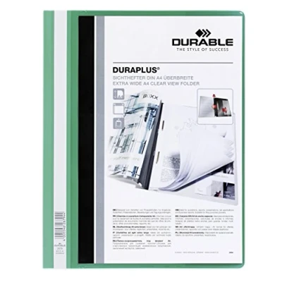 Imagen de Durable 257905 Carpeta de fástener con cubierta transparente y tapa posterior color Duraplus para A4, verde, paquete 25