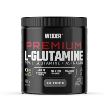 Imagen de Weider Premium L Glutamine (400g) Sabor Neutro, 99% Glutamina Kyowa Quality® + AstraGin® para mejorar su absorción, Protección Muscular, Efecto Voluminizador, Pre &amp; Post Entreno, Sin estimulantes