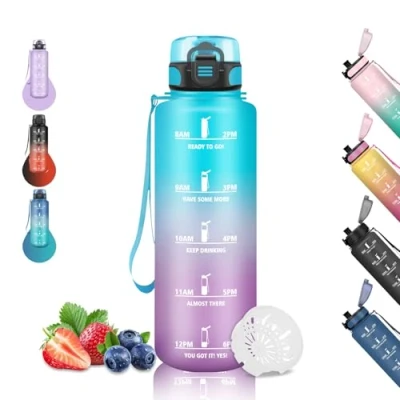 Imagen de Botella Agua, 1.5 Litros, Agua Deporte, a Prueba de Fugas, Reutilizable, con Marca Tiempo, Gimnasio, para Senderismo, Yoga, Cámping, Azul Violeta