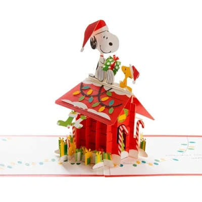 Imagen de Hallmark tarjeta de Navidad, Snoopy y Woodstock, 3D desplegable, cómics cacahuetes, rojo