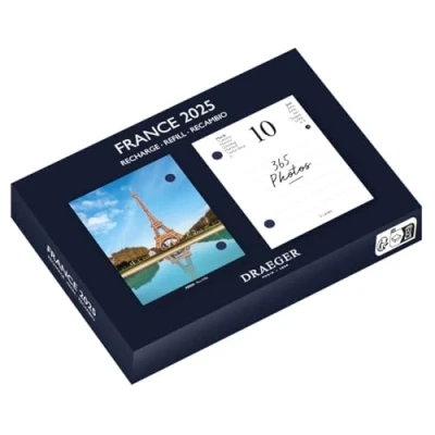 Imagen de DRAEGER PARIS Agenda ephemeris refill Yvon 2025 7 languages 365 pages from January to December 1 photo per day France Printed with vegetable based inks FSC® certified paper