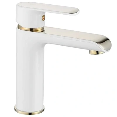 Imagen de Rea BLOOM Grifo de LAVABO ORO BLANCO mezclador baño latón monomando lavado a mano ajustable en frío y caliente (Blanco/Dorado)