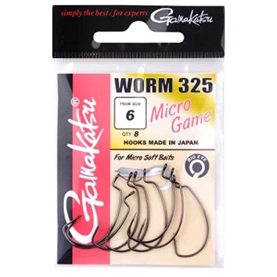 Imagen de Gamakatsu Worm 325 Micro Game 8 anzuelos de pesca offset para cebos blandos, ganchos señuelos goma, pequeños jigs y peces tamaño: