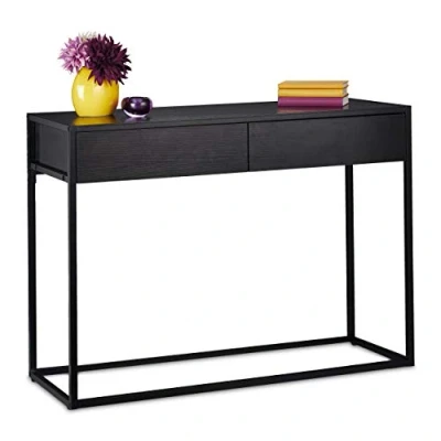 Imagen de Relaxdays 0 Consola, Mueble Recibidor 2 Cajones, 80,5x110x40 cm, Mesa Auxiliar Estrecha, Pasillo y Salón, Negro, Acero, 1 Pieza