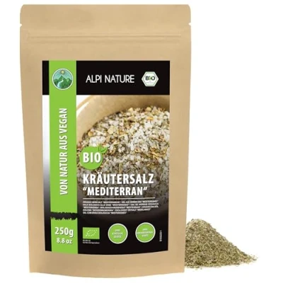 Imagen de sal de hierbas mediterráneas orgánicas, mezcla especias y hierbas, ingredientes 100% naturales, orgánicos, para adobos aliños, sin aditivos artificiales (250 GR)