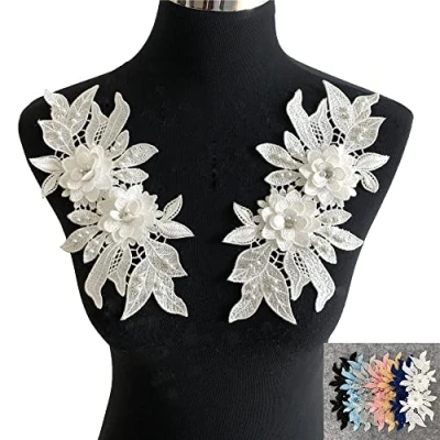 Imagen de Yulakes Aplique de encaje bordado 3D, con flores, pedrería tul, apliques encaje, flores para manualidades, vestido novia boda (blanco)