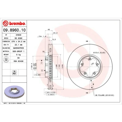 Imagen de BREMBO 09.8960.10 Disco de freno 276 24,3 5 ventilación interna FORD: Transit Mk5 Furgón, Tourneo, Bus