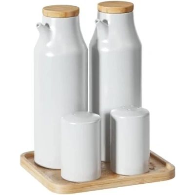 Imagen de Juego de Aceitera, Vinagrera, Salero y Pimentero Porcelana Blanca con Bandeja Bambu