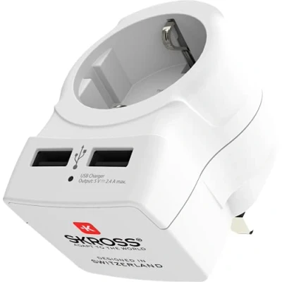 Imagen de Skross, 1.500280, Europe to UK USB, Adaptador de Viaje Europa A Reino Unido + 2 USB 2,4 Voltaje y Potencia 100V 1500 W / 250V 3750W Protección contra Descargas Eléctricas, Blanco