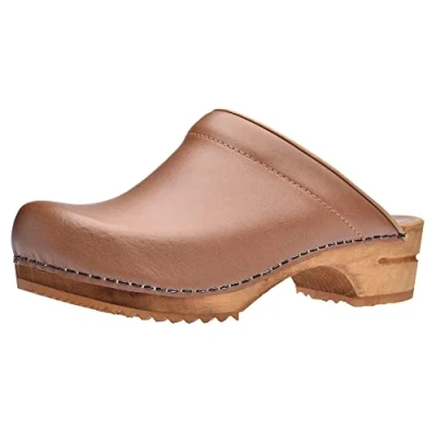 Imagen de Sanita Lotte Zuecos Abiertos Producto Artesanal Original para Mujer de Piel con Suela Madera sostenible Marrón coñac 38 EU