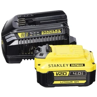 Imagen de STANLEY FATMAX Kit de batería y Cargador V20 Litio 18V 4Ah, sin efecto memoria, alta autonomía, indicador LED, carga hasta 60 min para SFMCB14M1 QW
