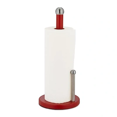 Imagen de Relaxdays Portarrollos Cocina Vertical, Soporte Rollos Encimera, Sujetarrollos Metal con Tope, 35 x 15 cm, Rojo/Plateado, Acero Inoxidable