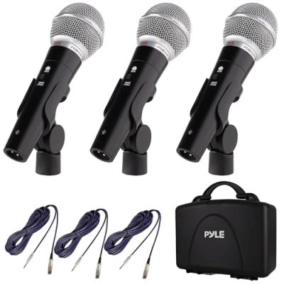 Imagen de Pyle Kit de micrófono dinámico profesional 3 piezas, mano vocal unidireccional cardioide con funda transporte rígida y bolsa, soporte/clip cable audio XLR 26 pies a conexión