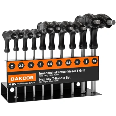 Imagen de DAKCOS juego de 10 llaves Allen con mango en T, hexagonales métricas 2 a mm estante almacenamiento, Cr V
