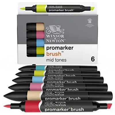 Imagen de Winsor &amp; Newton Promarker Brush Set de 6 Rotuladores Doble Punta, Punta Pincel, Tinta Base Alcohol, Tonos Medios