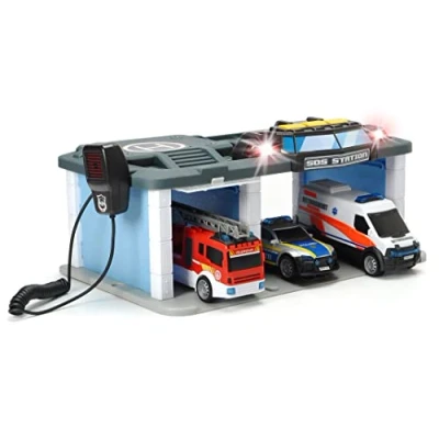 Imagen de Dickie Toys Estación de Rescate SOS con Coche policía, camión Bomberos y Ambulancia, luz Sonido, micrófono función Altavoz, Puerta Que se Abre, Incluye Pilas, 31 x 22 16 cm