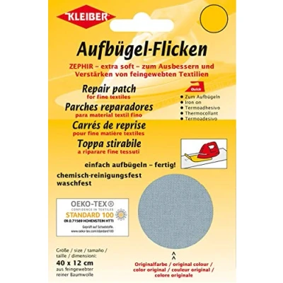 Imagen de Kleiber Parche de reparación termoadhesivo, algodón, 40 x 12 cm, para Telas Tejido Fino, Color Gris Claro