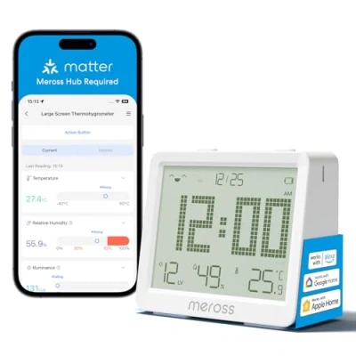 Imagen de Meross WiFi Termómetro Higrómetro Inteligente con Gran Pantalla, Sensor de Temperatura Humedad Soporta Alerta y Notificación, Compatible Matter, Apple HomeKit, Alexa Google Home (Requiere Hub)