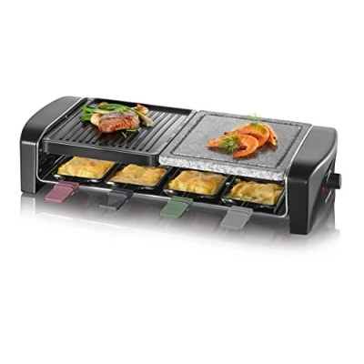 Imagen de SEVERIN Raclette grill con piedra natural y plancha, parrilla antiadherente 8 sartenes, eléctrica para personas, máx. 1400 W, negro, RG 9645