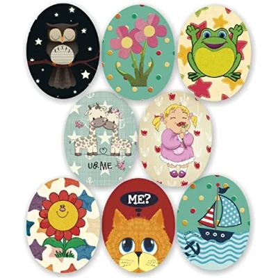 Imagen de 8 parches rodillera infantil serigrafiados para planchar en la ropa. Aplicaciones termoadhesivas reparar y decorar pantalones, chaquetas, jerseys, mochilas (Dibujos)