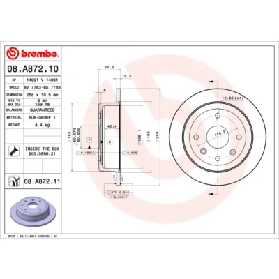 Imagen de BREMBO COATED DISC LINE 08.A872.11 Disco de freno 258 10,5 4 macizo revestido con tornillos CHEVROLET: Lacetti Hatchback, Nubira Berlina