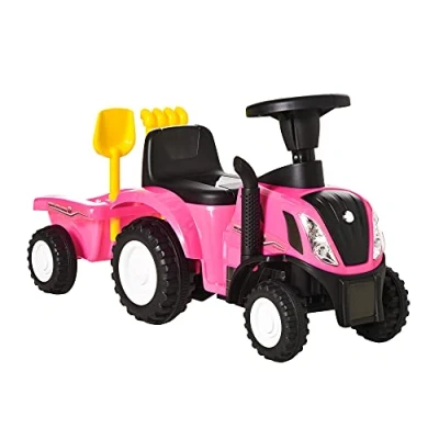 Imagen de HOMCOM Tractor sin Pedales para Niños de 12 36 Meses con Remolque Extraíble Coche Correpasillos Bocina Faros Pala Asiento Suelo 25 cm y Rastrillo Carga kg 91x29x44 Rosa