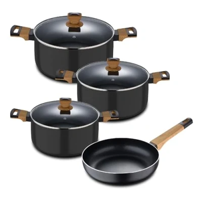 Imagen de BERGNER Earth Batería de Cocina 7Piezas 3 cacerolas + 1 sartén Color Negro Fabricada en Aluminio Prensado Menaje Compatible con Todo Tipo Cocinas