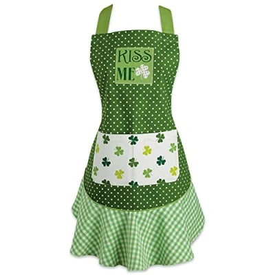 Imagen de DII 100% algodón, para mujer festiva, lindo delantal con volantes, básico de cocina, lazos ajustables el cuello y la cintura, hornear, manualidades más, regalo del día San Patricio, Kiss Me