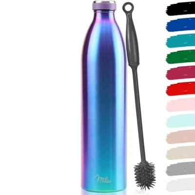 Imagen de Milu botella de acero inoxidable 350ml 500ml 750 ml 1 L 1,5 agua aislada, termo a prueba fugas, doble pared, apta para ácido carbónico + cepillo limpieza (Aurora, 1,5L)