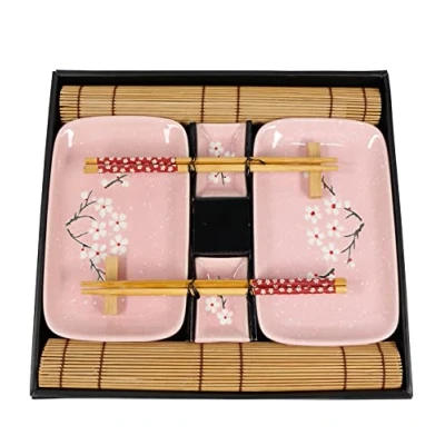 Imagen de Exzact Platos para Sushi 10 Piezas/Hermoso Estilo Oriental 2 x Platos, Tazones de inmersión, Manteles Mndividuales, Soporte Palillos, Pares Palillos