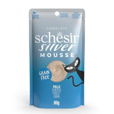 Imagen de Schesir, Silver, En Mousse de Pollo, Comida Hùmeda Completa para Gato Gatos Mayores (12 sobre x 80g)