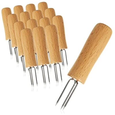 Imagen de COM FOUR® Tenedor para patatas 16x con 3 puntas de acero inoxidable, resistente a la oxidación, reutilizable como brocheta maíz, ayuda pelar (16 piezas madera)