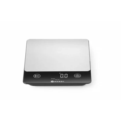 Imagen de HENDI Báscula pesa balanza digital de cocina, pantalla LED y táctil, alta precisión, máximo 10 kg, recargable resistente al agua polvo IP67, 160x210x(h)19 mm, ABS, acero inoxidable
