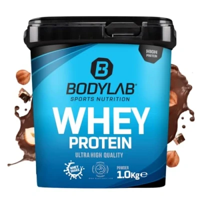 Imagen de Bodylab24 Whey Protein Powder Cacao de Avellana 1kg, polvo rico en proteína para músculos más fuertes, la puede promover construcción músculo, con 80% proteína, sin aspartamo