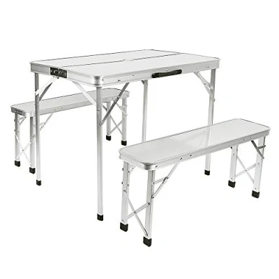Imagen de LANTUS Mesa Maleta de Camping Plegable Portátil con 4 Asientos y Agujero para Sombrilla Estructura Aluminio Playa Picnic 136x85,5x66 cm Plata 90 * 60 70 (Blanco Plateado)